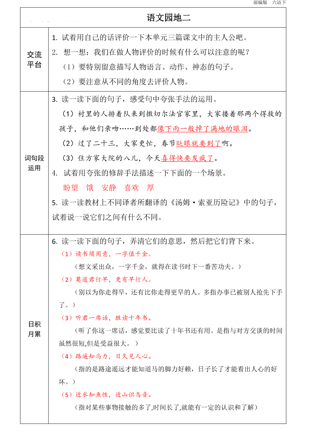统编版语文六年级下册第1~8单元《课前预习卡》